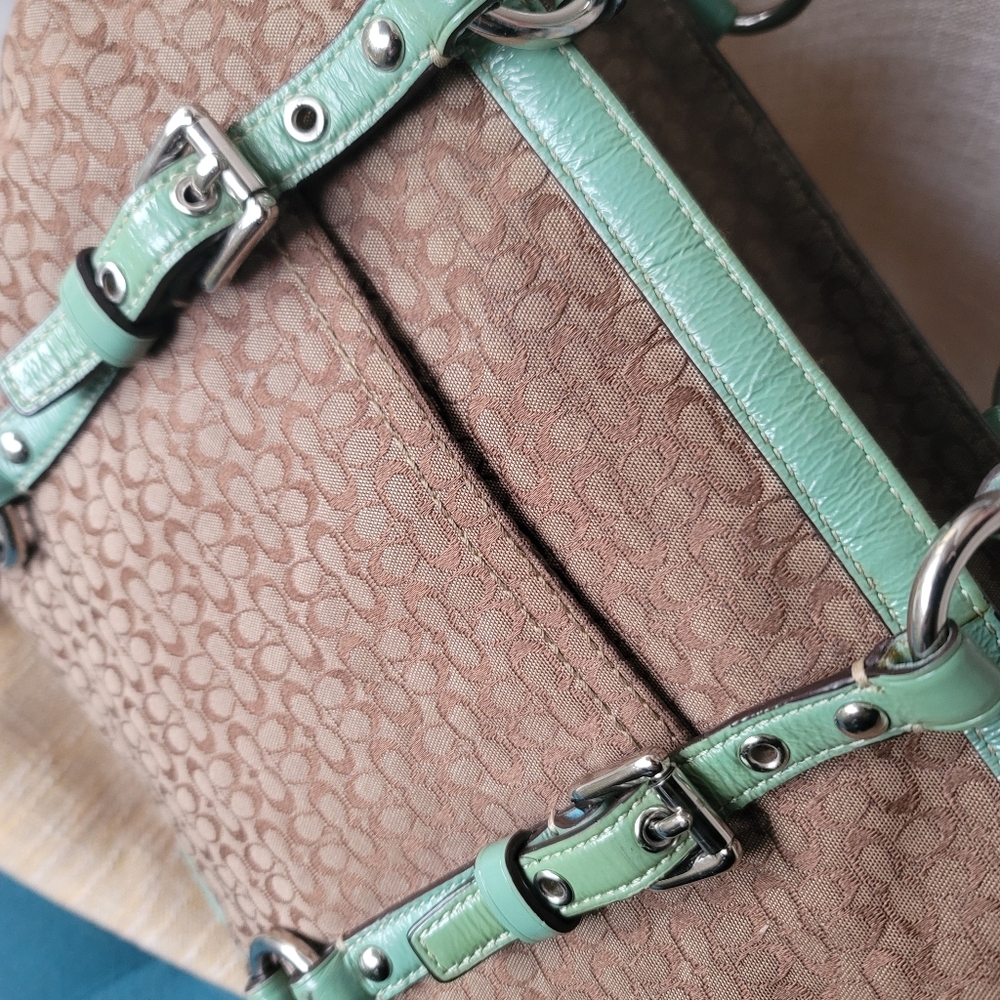 Coach Brown Signature Canvas Tote with Mint Trim and Straps - Picture 12 of 12
